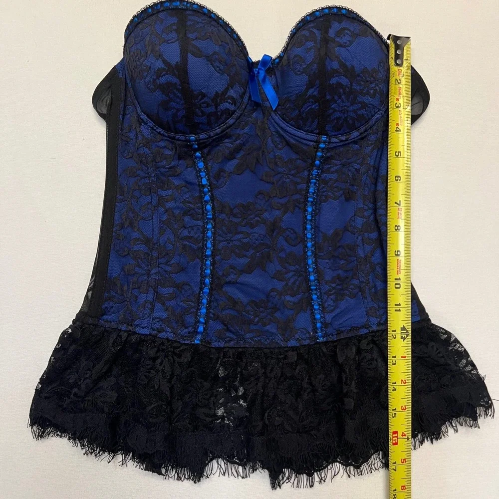 Seven til Midnight‎ Blue Black Lace Corset Burlesque Pin Up Bustier Top Size L